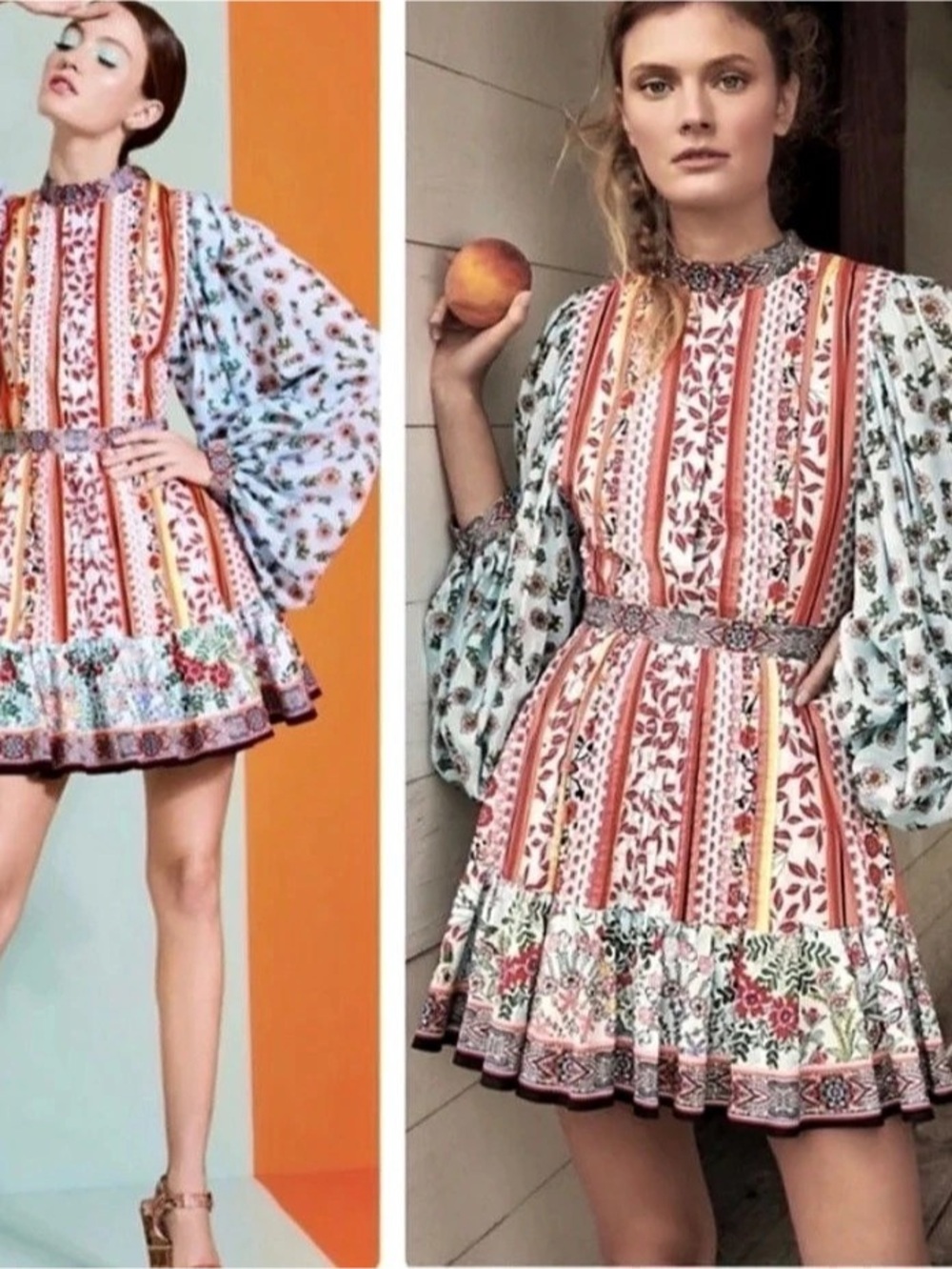 Alice + Olivia Delora Patchwork Long-Sleeve Mini Dress, Red & Blue